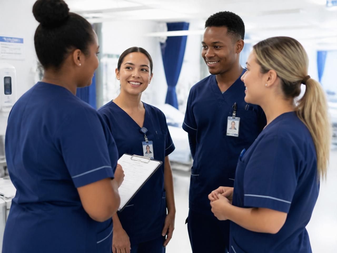 Equipe de técnicos de enfermagem reunida em enfermaria hospitalar