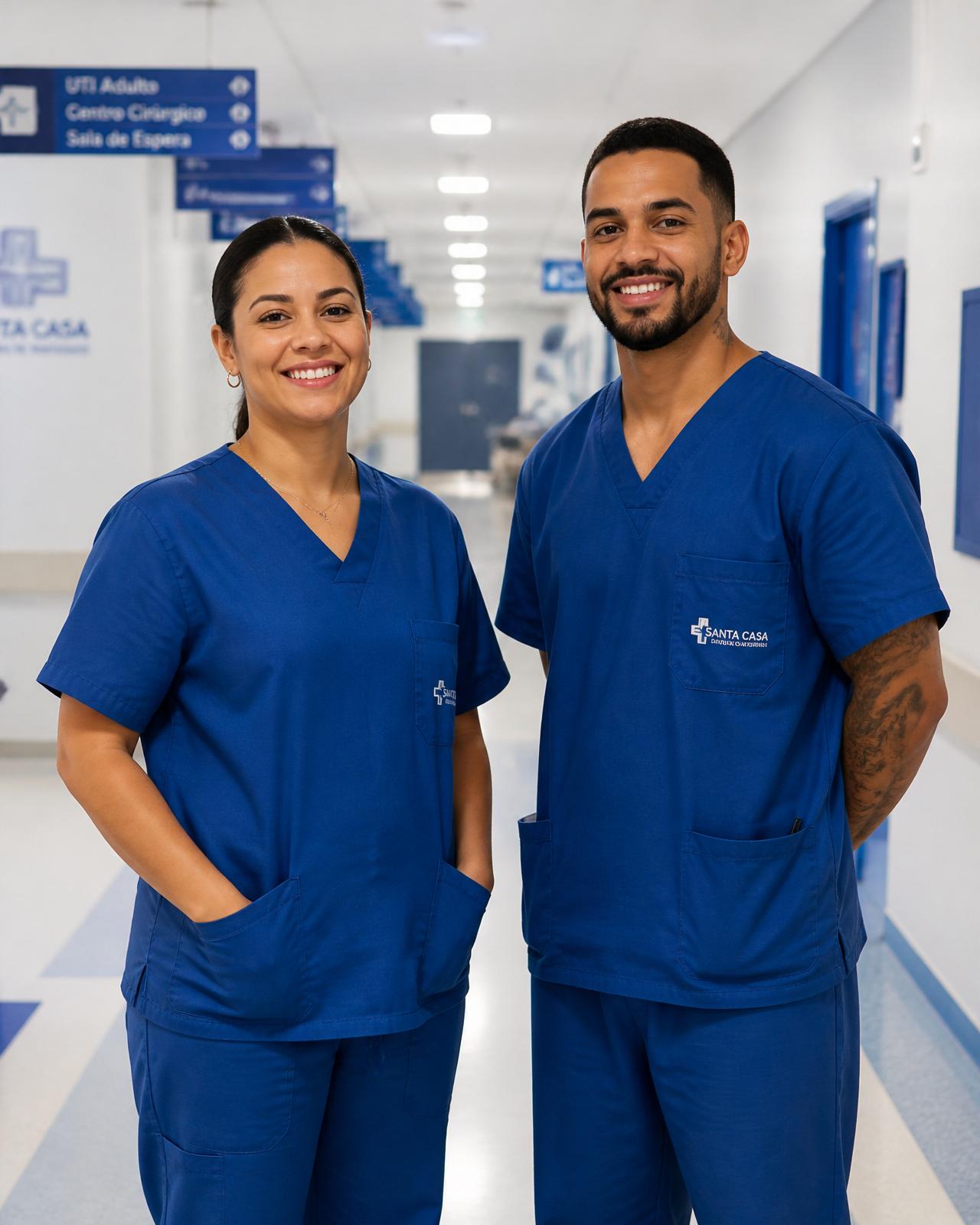 Enfermeira e técnico de enfermagem uniformizados em corredor de hospital